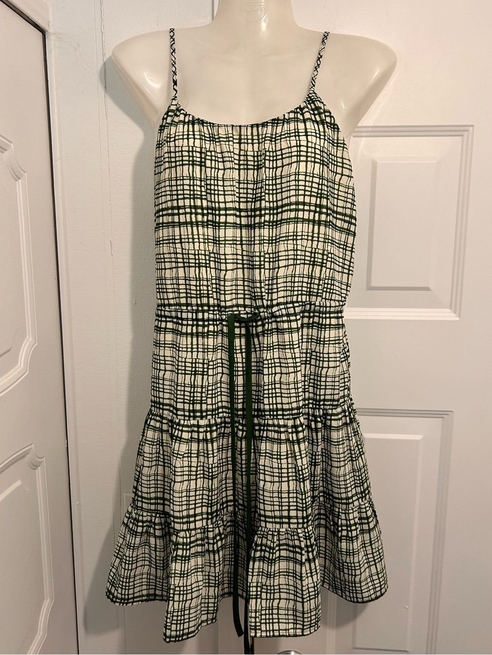 Joy 🌸 Joy Size XS Ivory Spaghetti Straps Dress with Green Plaid Grid